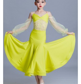 Girls kids yellow lace ballroom dance dresses waltz tango foxtrot smooth ballroom dance long skirts modern dance outfits for Girls